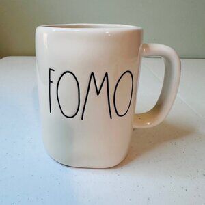 Rae Dunn "FOMO" Ceramic Coffee Mug White Black Text Elongated letters mug